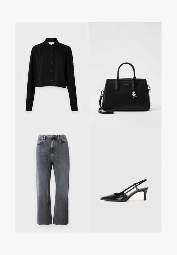 Crna skraćena košulja s dugim rukavima, uspravnim kragnom i dugmadi sprijeda. Izrađena od glatkog materijala s opuštenim krojem i manžetama.; Tamno sivi traperice s visokim strukom, ravnog kroja, pet džepova i kontrastnim narančastim šavovima.; Crne lakirane slingback pete s oštrim vrhom, s teksturiranim uzorkom zmijske kože, podesivom remenom i kratkom, teksturiranom blok-petom.; Crna kožna torba s strukturiranim dizajnom, dvostrukim gornjim ručkama, odvojivim remenom za rame, zlatnim detaljima i akcentom s logom.