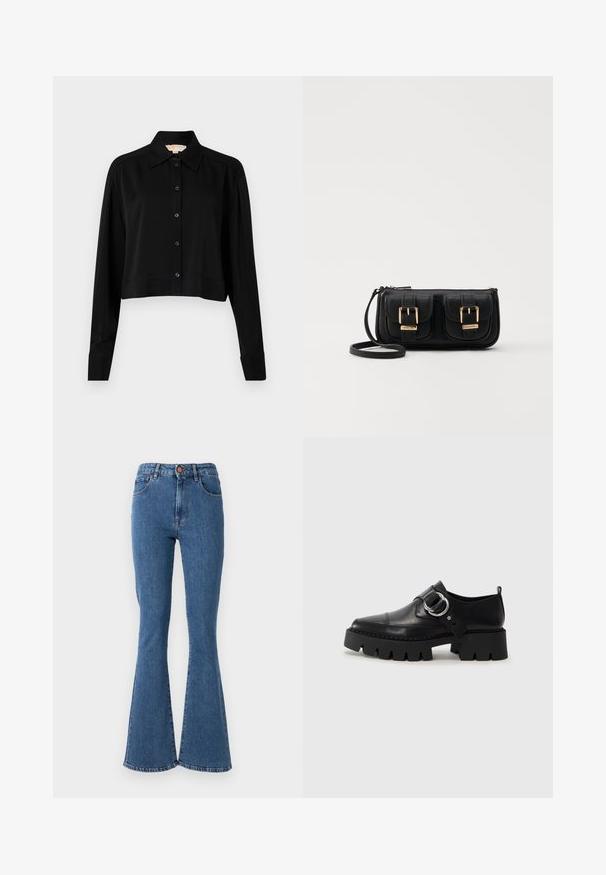 Black cropped shirt with long sleeves, a pointed collar, and button front. Made from smooth fabric with a relaxed fit and cuffed sleeves.; High-waisted blue denim jeans with a flared leg. Features five pockets and a front button closure. Stitching detail along seams.; Black leather shoes with a chunky, ribbed sole, featuring a circular silver hardware accent and minimal stitching detail.; Black leather crossbody bag with two front pockets, gold buckles, zipper closure, and a slim strap. Textured surface and compact rectangular shape.