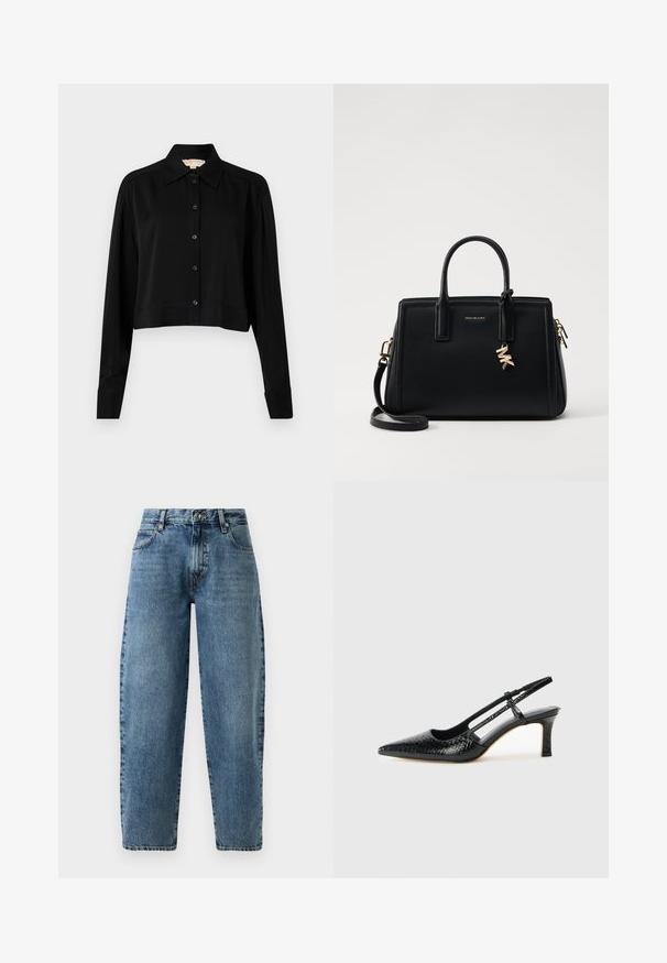 Zwarte cropped shirt met lange mouwen, een spitse kraag en een knoopsluiting aan de voorkant. Gemaakt van soepele stof met een ontspannen pasvorm en manchet-mouwen.; Lichtblauwe denim jeans met een recht benenontwerp, hoge taille en minimalistische stiksels. Klassieke vijf-pocketstijl met metalen hardware.; Zwart patent slingback hak met een spitse neus, voorzien van een gestructureerde slangenprint, verstelbare band en een korte, gestructureerde blokhak.; Zwarte leren handtas met gestructureerd ontwerp, dubbele handvatten aan de bovenkant, afneembare schouderband, gouden hardware en een logo charm accent.