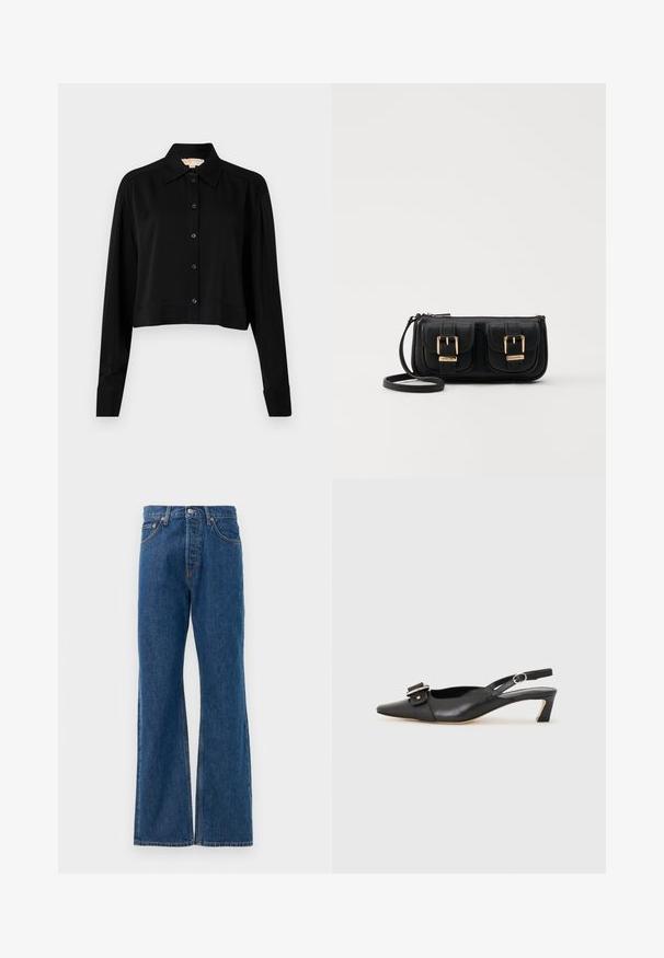 Schwarzes, kurzes Hemd mit langen Ärmeln, einem spitzen Kragen und Knopfverschluss. Hergestellt aus glattem Stoff mit lockerer Passform und geknöpften Ärmeln.; Blaue, ausgestellte Jeans aus Denim mit hoher Taille, fünf Taschen, silbernem Knopfverschluss und sichtbaren Nähten.; Schwarzer Leder Slingback-Schuh mit spitzer Zehenform, kleinem Absatz und dekorativem Schnallen-Detail auf dem Obermaterial. Glatte Textur, minimalistisches Design.; Schwarze Leder-Umhängetasche mit zwei vorderen Taschen, goldenen Schnallen, Reißverschluss und einem schmalen Tragegurt. Texturierte Oberfläche und kompakte rechteckige Form.