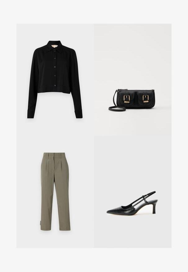 Sort cropped skjorte med lange ærmer, spidse krave og knaplukning foran. Fremstillet af glat stof med en afslappet pasform og manchetærmer.; Khaki bukser lavet af letvægtsstof, med høj talje, folder og lige ben. Minimalistisk design uden synlige beslag.; Sorte patent slingback hæl med spids tå, prydet med tekstureret slangeskindsmønster, justerbar rem og en kort, tekstureret blokhæl.; Sort læder crossbody taske med to frontlommer, guldspænder, lynlåslukning og en slank rem. Struktureret overflade og kompakt rektangulær form.