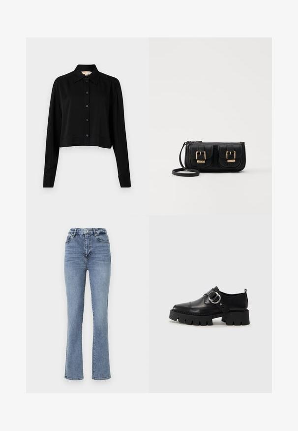 Cămașă neagră scurtă cu mâneci lungi, guler ascuțit și închidere cu nasturi. Fabricată dintr-un material neted, cu o croială lejeră și mâneci cu manșete.; Jeans din denim albastru cu talie înaltă, cu un design cu picioare drepte, având un stil clasic cu cinci buzunare și accente subtile de cusătură.; Pantofi din piele neagră cu o talpă groasă, nervurată, având un accent circular din metalargintiu și un detaliu minim de cusătură.; Geantă neagră din piele, tip crossbody, cu două buzunare frontale, catarame aurii, închidere cu fermoar și o curea subțire. Suprafață texturată și formă rectangulară compactă.