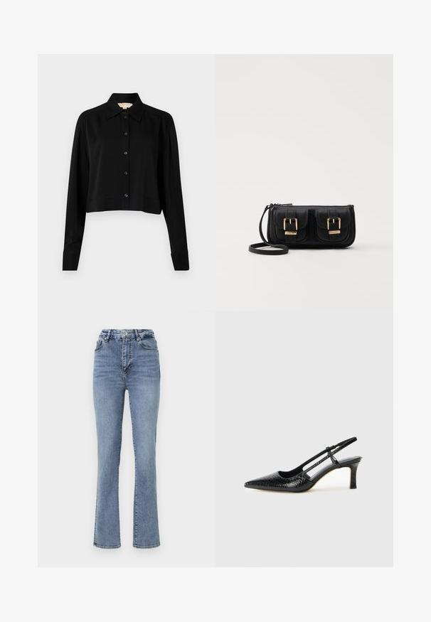 Čierna skrátená košeľa s dlhými rukávmi, špicatým golierom a zapínaním na gombíky. Vyrobená z hladkej látky s voľným strihom a manžetovými rukávmi.; Džínsy s vysokým pásom v modrej farbe so strihom priamych nohavíc, ktoré majú klasický päť-pocket štýl a jemné švy.; Čierne patentové slingback topánky na ihlovom podpätku s špicatou špičkou, s textúrovaným hadím vzorom, nastaviteľným popruhom a krátkym, textúrovaným blokovým podpätkom.; Čierna kožená crossbody taška s dvoma prednými vreckami, zlatými sponami, zipsovým uzatváraním a úzkym popruhom. Štruktúrovaný povrch a kompaktný obdĺžnikový tvar.