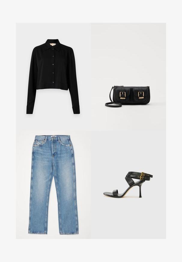 Must must shirt, mille pikkade varrukatega, terava kraega ja nööpidega esiosas. Valmistatud siledast kangast, millel on mugav lõige ja mansetiga varrukad.; RE/DONE HIGH RISE - Sirgete säärtega teksad - worn blue; Mustad mustand koos ristatud rihmade ja reguleeritava pandlaga. Omab siledat tekstuuri ja kitsenevat stiletto kontsa.; Must küllastamata nahast õlakott, millel on kaks esist nähtavat taskut, kuldsed pandlad, tõmblukuga sulgemine ja peen rihm. Tekstuuriga pind ja kompaktne ristkülikukujuline kuju.