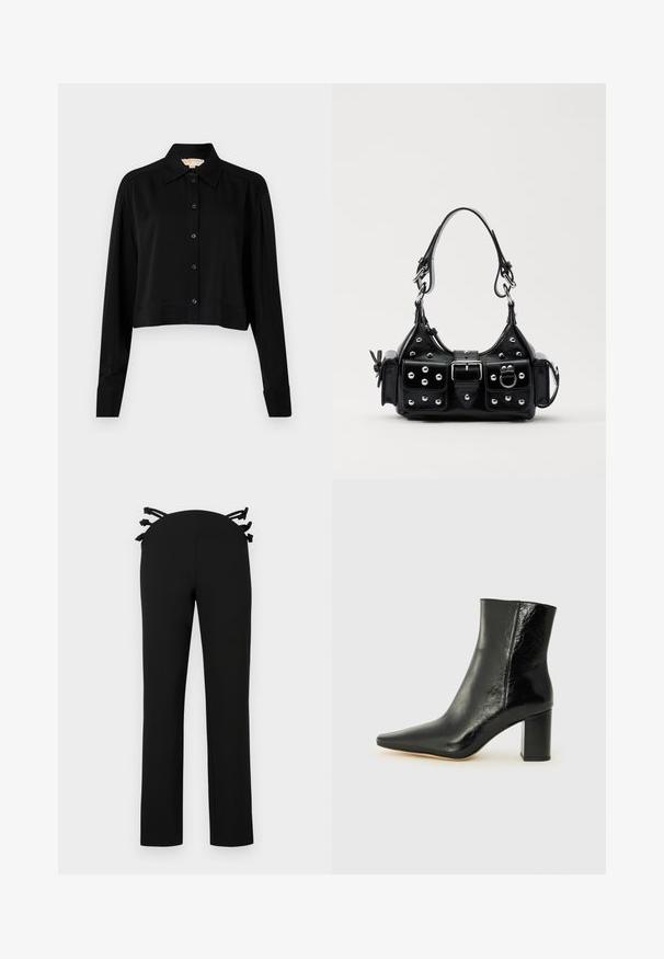 Črni kratki top z dolgimi rokavi, s končnim ovratnikom in gumbi spredaj. Narejen iz gladkega materiala z sproščenim krojem in manšeti na rokavih.; Črne hlače s ravnim krojem, ki imajo pas z črnimi trakovi na zadnji strani. Gladek material brez vidnih vzorcev.; Črne gležnjarje iz sijoče usnje s koničastim nosom in masivnim kvadratnim peto. Imajo gladko teksturo in minimalističen dizajn.; Črna usnjena torbica s ukrivljenim dizajnom, ki vsebuje srebrne žebljičke, zaponko in dve stranski žepki. Nastavljiv trak za različne možnosti nošenja.
