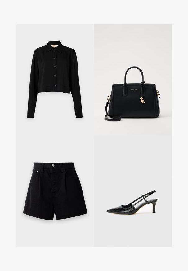 Juodas trumpas marškinėliai su ilgomis rankovėmis, smailiu apykakle ir mygtukų priekyje. Pagamintas iš lygaus audinio su laisvu siluetu ir apverčiamos rankovėmis.; Juodos džinsinės šortai tiesiu kirpimu, su sagų uždarymu, dviem priekinėmis kišenėmis ir minkšta, tekstūruota medžiaga.; Juodai lakuoti slingback aukštakulniai su smailiu nosiu, su tekstūruotu gyvatės raštu, reguliuojama juosta ir trumpu, tekstūruotu blokiniu kulnu.; Juodas odinis rankinė su struktūrizuotu dizainu, dviem viršutinėmis rankenėlėmis, nuimamu petiniu dirželiu, auksiniais akcentais ir logotipo pakabuku.
