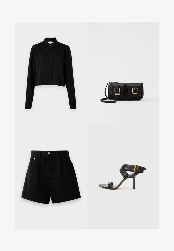 Svart forkortet skjorte med lange ermer, spiss krage og knappelukking foran. Laget av glatt stoff med en avslappet passform og oppbrettede ermer.; Svarte denimshorts med rett kutt, med knappelukking, to frontlommer og et mykt, strukturert stoff.; Svarte hælsandaler med kryssende stropper og justerbar spenne. Har en jevn tekstur og avsmalnende stilettoklakk.; Svart skinn crossbody veske med to frontlommer, gyldne spenner, glidelåslukking og en slank stropp. Teksturert overflate og kompakt rektangulær form.