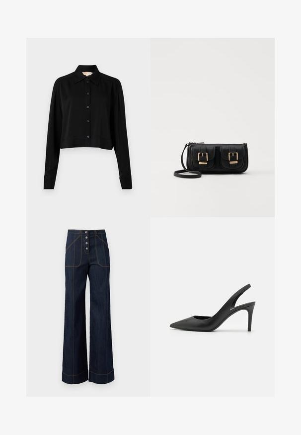 Melnas īsās piedurknes krekls ar garām piedurknēm, smailu apkakli un pogu aizdari. Izgatavots no gludas auduma ar brīvu piegriezumu un piedurkņu apakšām.; Tumši denima plati bikses ar augsto jostas vietu, piecu pogu priekšējo aizdari un kontrastējošo zelta diegu. Iekļauj lielas priekšējās kabatas.; Melnas ādas sūkņu kurpes ar augstiem papēžiem un norādītu pirkstu dizainu, ar izgriezumu priekšā un plānu stiletto papēdi.; Melnas ādas crossbody soma ar divām priekšējām kabatām, zelta sprādzēm, ar rāvējslēdzēju aizdari un šauru siksnu. Strukturēta virsma un kompakta taisnstūra forma.