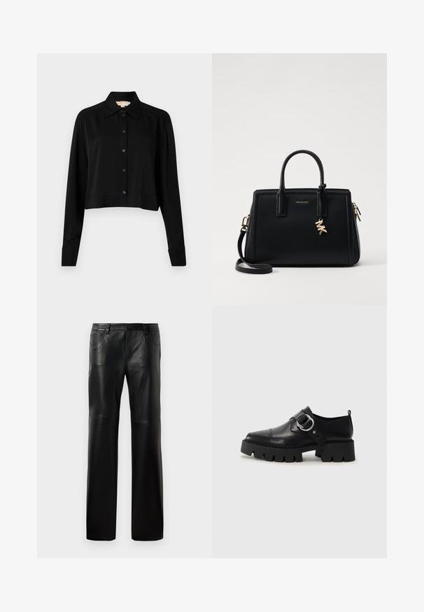Zwarte cropped shirt met lange mouwen, een spitse kraag en een knoopsluiting aan de voorkant. Gemaakt van soepele stof met een ontspannen pasvorm en manchet-mouwen.; Zwarte leren broeken met een rechte snit, met een knoop tailleband, vijf zakken en zichtbare stiksels langs de naden.; Zwarte leren schoenen met een robuuste, geribbelde zool, voorzien van een ronde zilveren hardwareaccent en minimale stikdetails.; Zwarte leren handtas met gestructureerd ontwerp, dubbele handvatten aan de bovenkant, afneembare schouderband, gouden hardware en een logo charm accent.