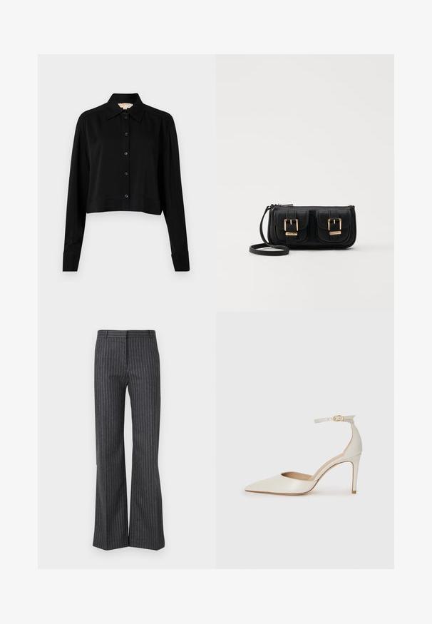 Black cropped shirt with long sleeves, a pointed collar, and button front. Made from smooth fabric with a relaxed fit and cuffed sleeves.; Gray flared trousers made from a textured fabric with thin vertical white stripes, featuring a standard waistband and front pockets.; White leather high-heeled shoe with a pointed toe, ankle strap, and a slim stiletto heel. Smooth texture with subtle glossy finish.; Black leather crossbody bag with two front pockets, gold buckles, zipper closure, and a slim strap. Textured surface and compact rectangular shape.
