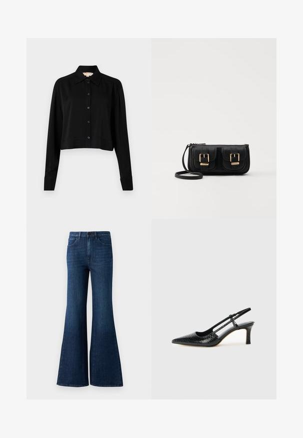 Musta lyhythihainen paita, jossa on pitkät hihat, terävä kaulus ja napitus edessä. Valmistettu sileästä kankaasta, rento istuvuus ja kyynärpäätakkikuhat.; Tummansinisiä korkeavyötäröisiä leveälahkeisia farkkuja, joissa on etunappi, vetoketju ja viisi taskua valkoisella taustalla.; Musta patent slingback-kiilakorko teräväkärkisellä muotoilulla, jossa on teksturoitu käärmeennahkakuosi, säädettävä remmi ja lyhyt, teksturoitu blokkiheel.; Musta nahkainen olkalaukku, jossa on kaksi etutaskua, kultaiset soljet, vetoketjukiinnitys ja kapea hihna. Teksturoidun pinnan ja kompaktin suorakaiteen muoto.