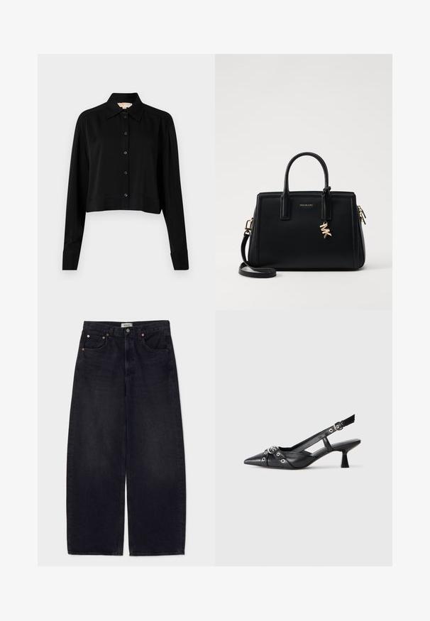 Černá zkrácená košile s dlouhými rukávy, špičatým límcem a předním zapínáním na knoflíky. Vyrobena z hladké látky s volnějším střihem a manžetami.; Široké černé džíny z denimu s měděnými knoflíky, dvěma předními kapsami a hladkou texturou. Čistý design s rovný střih.; Černé kožené slingback boty s špičatou špičkou, dekorativními pásky s kovovými očky a nízkým blokovým podpatkem. Texturovaný povrch.; Černá kožená kabelka se strukturovaným designem, dvojitými horními uchy, odnímatelným ramenním popruhem, zlatými doplňky a akcentem ve formě logového charm.