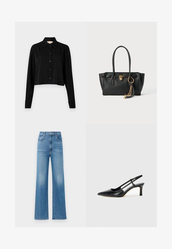 Chemise noire courte à manches longues, col pointu et fermeture par boutons. Fabriquée en tissu lisse avec une coupe décontractée et des manches à poignets.; Jean large en denim bleu clair avec taille haute. Présente une fermeture à boutons et zip, ainsi qu'un léger dégradé sur le tissu.; Escarpin slingback en vernis noir avec un bout pointu, présentant un imprimé serpent texturé, une sangle réglable et un petit talon bloc texturé.; Sac à main en cuir noir avec double anses, serrure dorée et détails en chaîne, et accessoire à pompon noir et blanc sur fond blanc.