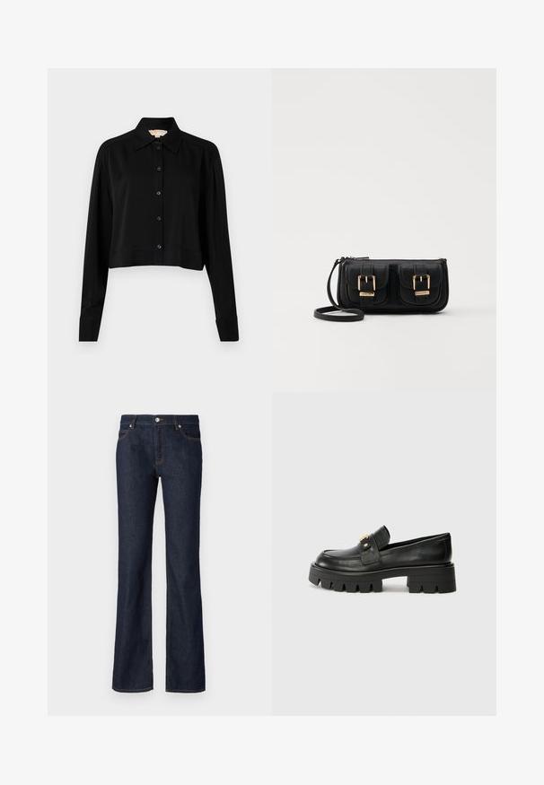 Camicia nera cropped con maniche lunghe, colletto a punta e chiusura con bottoni. Realizzata in tessuto morbido, con vestibilità rilassata e maniche a polsino.; Jeans in denim blu scuro con forma svasata, design a cinque tasche e cuciture arancioni a contrasto lungo le cuciture e le tasche.; Mocassini in pelle nera con suola spessa, caratterizzati da un accento dorato nella parte anteriore e una finitura liscia. Design della suola con profilo spesso.; Borsa a tracolla nera in pelle con due tasche frontali, fibbie dorate, chiusura con zip e una tracolla sottile. Superficie texturizzata e forma rettangolare compatta.