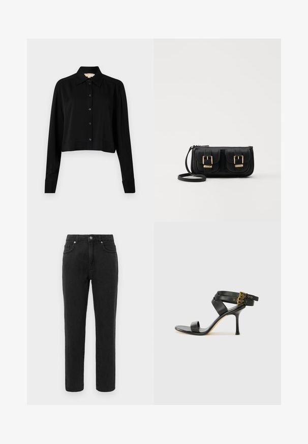 Fekete, rövid fazonú ing hosszú ujjakkal, hegyes gallérral és gombos elejével. Simító anyagból készült, laza szabású és megkötött ujjaival.; Fekete farmernadrág egyenes szabással, standard ötpocket stílussal és gombos záródással. Finom varrási részletek jellemzik.; Fekete magassarkú szandál keresztpántos dizájnnal és állítható csattal. Simább felülettel és hegyes tűsarkúval rendelkezik.; Fekete bőr keresztbody táska két elülső zsebbel, arany csattokkal, cipzáras záródással és vékony pánttal. Textúrált felület és kompakt téglalap alak.