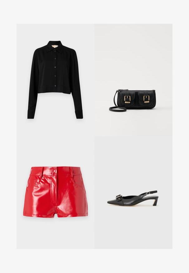 Must must shirt, mille pikkade varrukatega, terava kraega ja nööpidega esiosas. Valmistatud siledast kangast, millel on mugav lõige ja mansetiga varrukad.; Punased ehtsüsteemiga lahtised nahkpüksid läikiva viimistlusega, millel on kõrge talje, esipockets ja õmblustooted. Struktuurne, istuv disain.; Must must nahk slingback kingad terava varbaga, väikese kontsaga ja dekoratiivse pandlaga ülaosas. Sile tekstuur, minimalistlik disain.; Must küllastamata nahast õlakott, millel on kaks esist nähtavat taskut, kuldsed pandlad, tõmblukuga sulgemine ja peen rihm. Tekstuuriga pind ja kompaktne ristkülikukujuline kuju.
