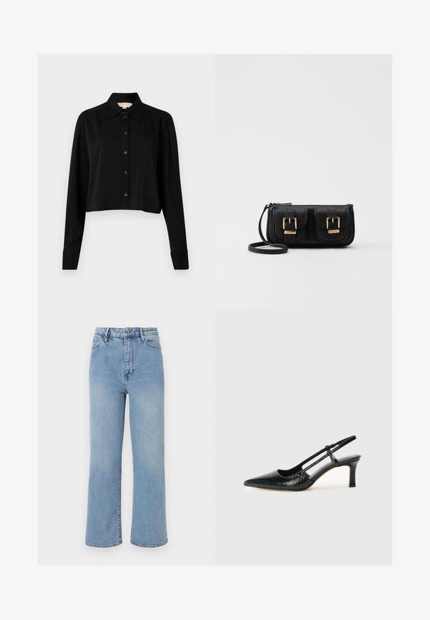 Svart forkortet skjorte med lange ermer, spiss krage og knappelukking foran. Laget av glatt stoff med en avslappet passform og oppbrettede ermer.; Lyseblå denim-bukser med vide ben og høy midje, fem lommer og kontrasterende sømmer langs kantene.; Sorte patent slingback hæl med spids tå, featuring tekstureret slangeskind, justerbar rem og en kort, tekstureret blokhæl.; Svart skinn crossbody veske med to frontlommer, gyldne spenner, glidelåslukking og en slank stropp. Teksturert overflate og kompakt rektangulær form.