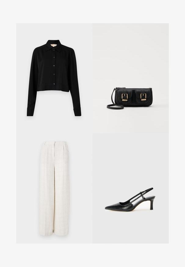 Black cropped shirt with long sleeves, a pointed collar, and button front. Made from smooth fabric with a relaxed fit and cuffed sleeves.; Wide-leg trousers in a light beige fabric with a textured, woven pattern. Features a front waistband and no visible fastenings.; Black patent slingback heel with a pointed toe, featuring textured snake print, adjustable strap, and a short, textured block heel.; Black leather crossbody bag with two front pockets, gold buckles, zipper closure, and a slim strap. Textured surface and compact rectangular shape.