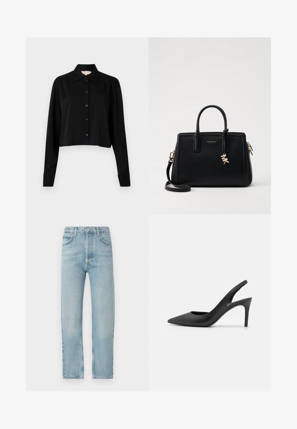 Zwarte cropped shirt met lange mouwen, een spitse kraag en een knoopsluiting aan de voorkant. Gemaakt van soepele stof met een ontspannen pasvorm en manchet-mouwen.; Lichtblauwe spijkerbroek met rechte pijpen, hoge taille, vijf zakken, knoop- en ritssluiting, subtiele vervaging en contrasterende stikdetails.; Zwarte leren slingback hoge hakken met een puntige neus, met een uitsparing aan de voorkant en een dunne stilettohak.; Zwarte leren handtas met gestructureerd ontwerp, dubbele handvatten aan de bovenkant, afneembare schouderband, gouden hardware en een logo charm accent.