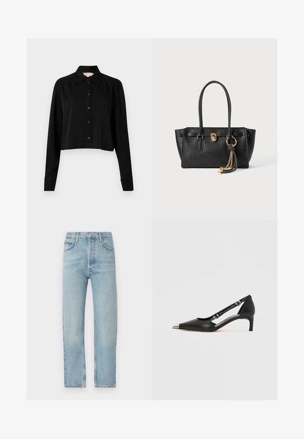 Juodas trumpas marškinėliai su ilgomis rankovėmis, smailiu apykakle ir mygtukų priekyje. Pagamintas iš lygaus audinio su laisvu siluetu ir apverčiamos rankovėmis.; Šviesiai mėlynos džinsinės tiesios kojų kelnės, aukštu liemeniu, su penkiais kišenėmis, sagos ir užtrauktuko uždarymu, subtiliu blukimu ir kontrastingomis siuvimo detalėmis.; Juodos odos bateliai su žemu kulniuku, smailiu sidabro spalvos pirštinės gaubtu ir dvigubais dirželiais, ant balto fono.; Juoda odinė rankinė su dviem rankenomis, auksiniu užraktu ir grandinėlės detale, bei juodai baltu kutu prieš baltą foną.