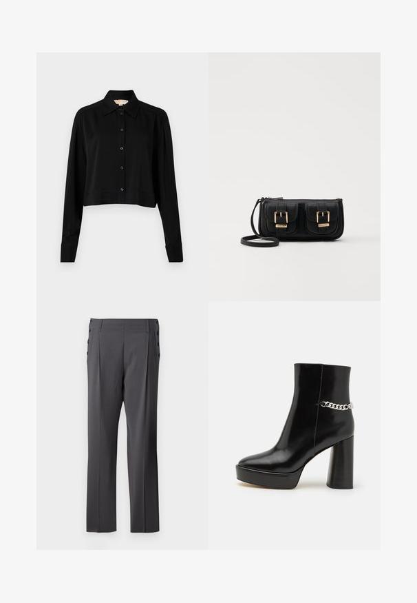 Black cropped shirt with long sleeves, a pointed collar, and button front. Made from smooth fabric with a relaxed fit and cuffed sleeves.; Gray tailored pants featuring a straight leg design, front pleats, and decorative side buttons for added detail. Smooth fabric texture.; Black patent leather ankle boot with a chunky platform and high block heel. Features a silver chain accent on the side. Smooth texture.; Black leather crossbody bag with two front pockets, gold buckles, zipper closure, and a slim strap. Textured surface and compact rectangular shape.