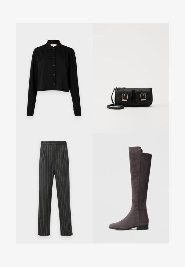 Svart kortärmad skjorta med lång ärm, spetsig krage och knappstängning. Tillverkad av slät tyg med lös passform och uppvikta ärmar.; Grårandiga byxor tillverkade av vävt tyg. Har hög midja, framveck och en rak bendesign. Standard knappstängning.; Mörkgrå mocka knähög stövel med låg klack och subtil metallisk logotyp nära toppen på en enkel ljus bakgrund.; Svart läderaxelväska med två framfickor, guldspännen, dragkedjestängning och en smal rem. Texturerad yta och kompakt rektangulär form.