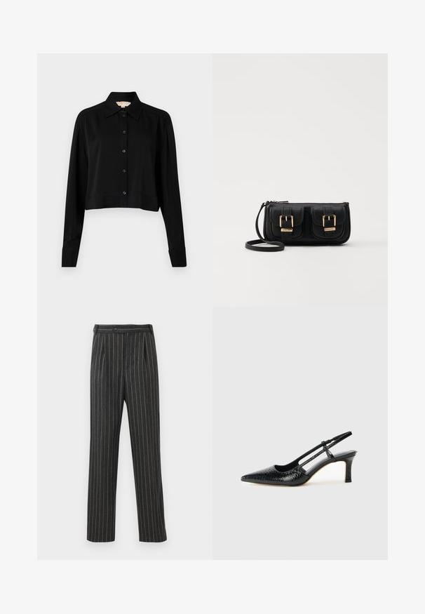 Must must shirt, mille pikkade varrukatega, terava kraega ja nööpidega esiosas. Valmistatud siledast kangast, millel on mugav lõige ja mansetiga varrukad.; Hallitus triibulised püksid, mis on valmistatud kudumiskangast. Omavad kõrget vööd, eesmine voldid ja sirge jala disain. Tavaline nööp sulgemine.; Mustmust paelad, millel on terav varvas, tekstuuriga maduprindiga, reguleeritav rihm ja lühike tekstuuriga plokknina.; Must küllastamata nahast õlakott, millel on kaks esist nähtavat taskut, kuldsed pandlad, tõmblukuga sulgemine ja peen rihm. Tekstuuriga pind ja kompaktne ristkülikukujuline kuju.