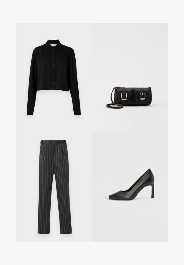 Black cropped shirt with long sleeves, a pointed collar, and button front. Made from smooth fabric with a relaxed fit and cuffed sleeves.; Gray striped trousers made of woven fabric. Features a high waist, front pleats, and a straight-leg design. Standard button closure.; Black leather high heel shoe with a pointed toe and a metallic silver cap. Features a smooth finish and a slender 10 cm heel.; Black leather crossbody bag with two front pockets, gold buckles, zipper closure, and a slim strap. Textured surface and compact rectangular shape.