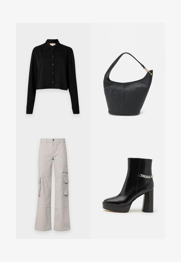 Czarna krótka bluzka z długimi rękawami, spiczastym kołnierzykiem i zapięciem na guziki. Wykonana z gładkiego materiału, ma luźny krój i mankiety.; Jasnoszare spodnie cargo z szerokimi nogawkami, wieloma kieszeniami i fakturowanym wykończeniem materiału. Cechują się widocznym przeszyciem i zapięciem na guzik.; Czarne lakierowane botki za kostkę z grubą platformą i wysokim słupkowym obcasem. Posiadają akcent w postaci srebrnego łańcucha po bokach. Gładka tekstura.; Czarna skórzana torebka o okrągłym kształcie, z szerokim paskiem i teksturowanym wykończeniem. Posiada subtelny detal szwu i akcenty w odcieniu złota.