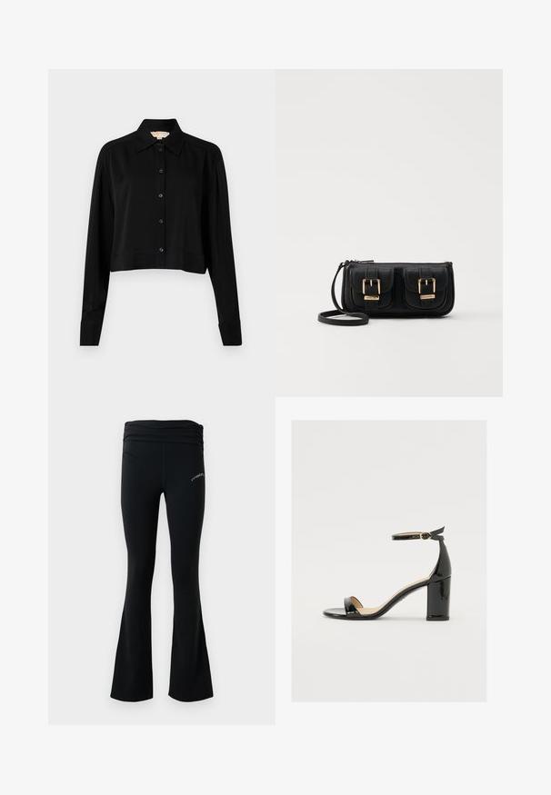 Czarna krótka bluzka z długimi rękawami, spiczastym kołnierzykiem i zapięciem na guziki. Wykonana z gładkiego materiału, ma luźny krój i mankiety.; Czarne dzwonowate legginsy do jogi z marszczonym pasem i małym białym logo na górnej części uda, wyeksponowane na jednolitym białym tle.; Czarne sandały z lakierowanej skóry na szerokim obcasie, z otwartym czubkiem i paskiem na kostce z złotą klamrą. Gładka faktura i elegancki design.; Czarna skórzana torba na ramię z dwoma przednimi kieszeniami, złotymi klamrami, zamkiem błyskawicznym i cienkim paskiem. Teksturowana powierzchnia i kompaktowy prostokątny kształt.