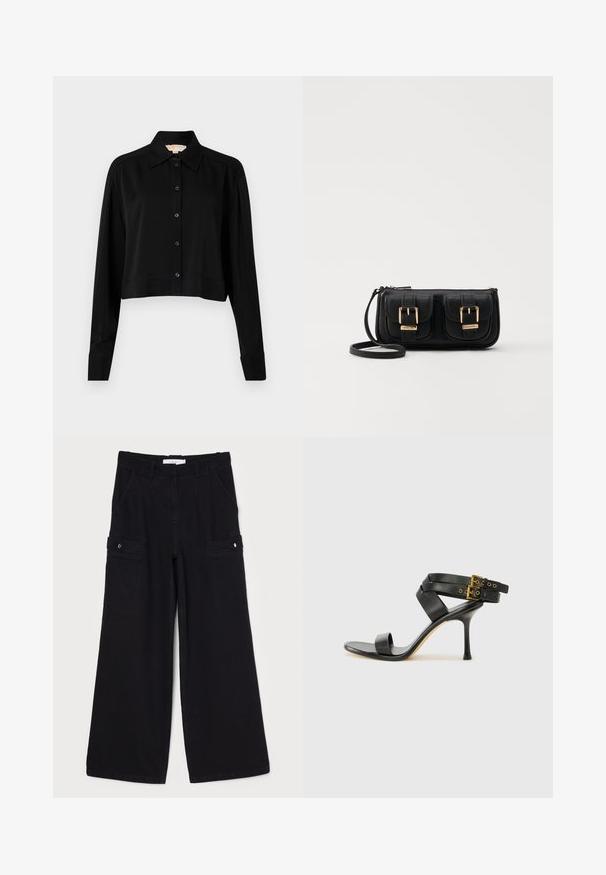 Must must shirt, mille pikkade varrukatega, terava kraega ja nööpidega esiosas. Valmistatud siledast kangast, millel on mugav lõige ja mansetiga varrukad.; Musta laiade jalge vaheline cargo-püksid, mis on valmistatud pehmest kangast ja millel on eesmistel taskutel külgmised cargo-taskud ning suured vööpaelad. Tekstuuriga viimistlus.; Mustad mustand koos ristatud rihmade ja reguleeritava pandlaga. Omab siledat tekstuuri ja kitsenevat stiletto kontsa.; Must küllastamata nahast õlakott, millel on kaks esist nähtavat taskut, kuldsed pandlad, tõmblukuga sulgemine ja peen rihm. Tekstuuriga pind ja kompaktne ristkülikukujuline kuju.