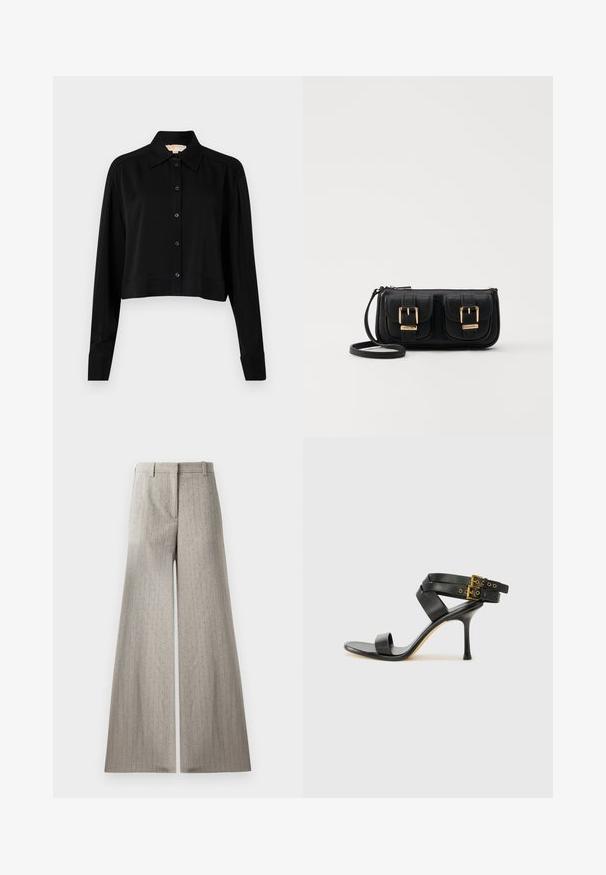 Black cropped shirt with long sleeves, a pointed collar, and button front. Made from smooth fabric with a relaxed fit and cuffed sleeves.; Gray wide-leg trousers made of textured fabric, featuring vertical pinstripes and subtle metallic accents throughout. Flat front and belt loops.; Black heeled sandal with crossed straps and adjustable buckle. Features a smooth texture and tapered stiletto heel.; Black leather crossbody bag with two front pockets, gold buckles, zipper closure, and a slim strap. Textured surface and compact rectangular shape.