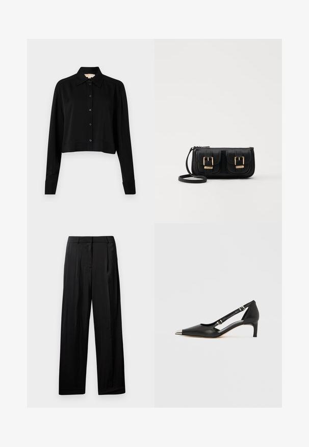 Zwarte cropped shirt met lange mouwen, een spitse kraag en een knoopsluiting aan de voorkant. Gemaakt van soepele stof met een ontspannen pasvorm en manchet-mouwen.; Zwarte, wijde broek met een gladde stofstructuur, met voorplooien, riemlussen en een ritsgulp.; Zwart leren kittenhak met puntige zilveren neus en dubbele gespsluitingen op een witte achtergrond.; Zwarte leren schoudertas met twee vo pockets, gouden gespen, ritsluiting en een smalle band. Tekstuur oppervlak en compacte rechthoekige vorm.