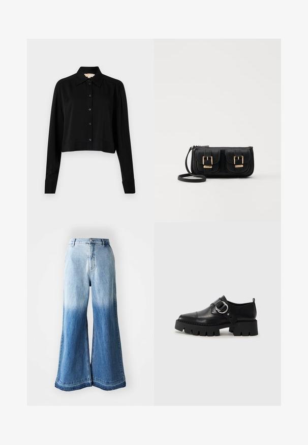 Crna skraćena košulja s dugim rukavima, uspravnim kragnom i dugmadi sprijeda. Izrađena od glatkog materijala s opuštenim krojem i manžetama.; Svjetloplave traperice širokih nogavica s izblijedjelim gradijentom od svijetle do tamne boje, šivenim rubom i dizajnom s pet džepova.; Crne kožne cipele s debelim, rebrastim potplatom, koje imaju okrugli srebrni detalj i minimalne šavove.; Crna kožna torba preko ramena s dva prednja džepa, zlatnim kopčama, zatvaranjem na zip i uskim remenom. Teksturirana površina i kompaktan pravokutan oblik.