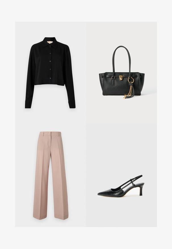 Melnas īsās piedurknes krekls ar garām piedurknēm, smailu apkakli un pogu aizdari. Izgatavots no gludas auduma ar brīvu piegriezumu un piedurkņu apakšām.; Platas kājas bikses maigas rozā auduma, ar plakanu priekšpusi, jostu un jostas cilpiņām, kā arī gludu tekstūru.; Melna patent āda ar slīdošo papēdi un smailo purngalu, ar teksturētu čūsku drukājumu, regulējamu siksniņu un īsu teksturētu blokpapēdi.; Melnas ādas rokassomu ar divām rokturiem, zelta slēdzi un ķēdes detaļu, kā arī melnbaltu pušķa aksesuāru uz balta fona.