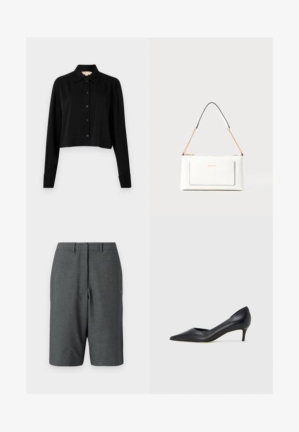 Black cropped shirt with long sleeves, a pointed collar, and button front. Made from smooth fabric with a relaxed fit and cuffed sleeves.; Dark gray tailored shorts with a textured fabric, single front pleat, belt loops, side pockets, and a small logo accent on the leg.; Black leather pump with a pointed toe and low heel. Features a smooth texture and subtle sheen. Open cut at the front for added detail.; White leather handbag with a textured finish, featuring a gold chain strap and black accents. Includes a front pocket and zipper closure.