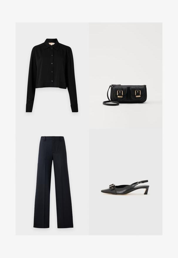 Cămașă neagră scurtă cu mâneci lungi, guler ascuțit și închidere cu nasturi. Fabricată dintr-un material neted, cu o croială lejeră și mâneci cu manșete.; Pantaloni cu croi larg, de culoare neagră. Croi ajustat cu o textură netedă. Prezentază o serie de nituri metalice de-a lungul cusăturilor laterale pentru detaliu.; Pantofii negri din piele cu toc mic, vârf ascuțit și detaliu decorativ cu cataramă pe partea superioară. Textură netedă, design minimal.; Geantă neagră din piele, tip crossbody, cu două buzunare frontale, catarame aurii, închidere cu fermoar și o curea subțire. Suprafață texturată și formă rectangulară compactă.