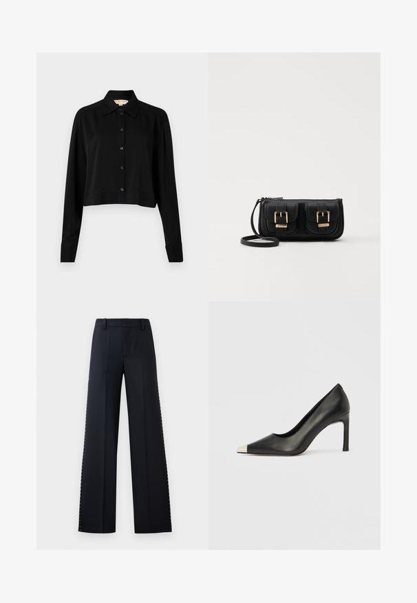 Must must shirt, mille pikkade varrukatega, terava kraega ja nööpidega esiosas. Valmistatud siledast kangast, millel on mugav lõige ja mansetiga varrukad.; Mustad püksid mustas värvitoonis. Kohandatud istuvus ja sile tekstuur. Küljelt ääre ääres on metallist nupud detailiks.; Mustast nahast kõrge kontsaga king terava varba ja metallik hõbedase otsikuga. Iseloomustab sile viimistlus ja sihvakas 10 cm konts.; Must küllastamata nahast õlakott, millel on kaks esist nähtavat taskut, kuldsed pandlad, tõmblukuga sulgemine ja peen rihm. Tekstuuriga pind ja kompaktne ristkülikukujuline kuju.