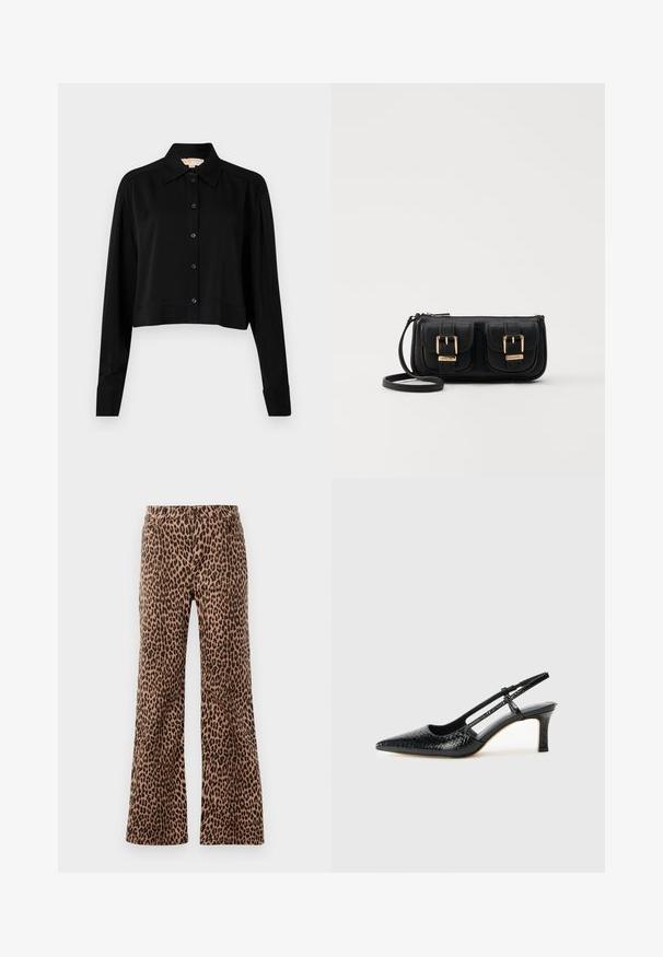 Crna skraćena košulja s dugim rukavima, uspravnim kragnom i dugmadi sprijeda. Izrađena od glatkog materijala s opuštenim krojem i manžetama.; Hlače širokih nogavica s leopard uzorkom u bež i crnoj boji, s glatkom teksturom i suženim rubom. Dizajn s običnim pojasom i džepovima.; Crne lakirane slingback pete s oštrim vrhom, s teksturiranim uzorkom zmijske kože, podesivom remenom i kratkom, teksturiranom blok-petom.; Crna kožna torba preko ramena s dva prednja džepa, zlatnim kopčama, zatvaranjem na zip i uskim remenom. Teksturirana površina i kompaktan pravokutan oblik.