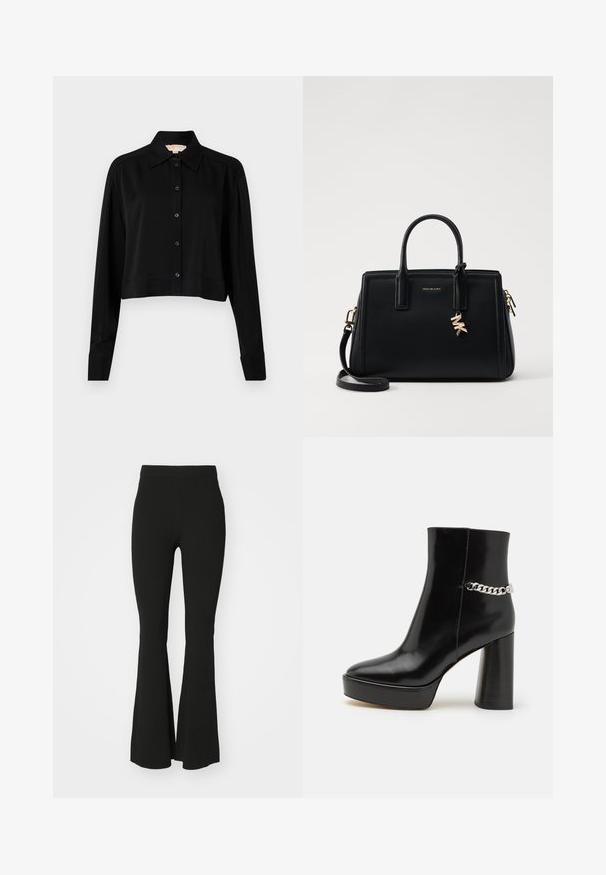 Zwarte cropped shirt met lange mouwen, een spitse kraag en een knoopsluiting aan de voorkant. Gemaakt van soepele stof met een ontspannen pasvorm en manchet-mouwen.; Zwarte flarepants van rekbare stof, met een hoge taille en een glad, onversierd oppervlak. Eenvoudig en aansluitend ontwerp.; Zwarte gepoetste leren enkelboot met een chunky plateau en hoge blokhak. Kenmerkt zich door een zilveren kettingaccent aan de zijkant. Glad textuur.; Zwarte leren handtas met gestructureerd ontwerp, dubbele handvatten aan de bovenkant, afneembare schouderband, gouden hardware en een logo charm accent.