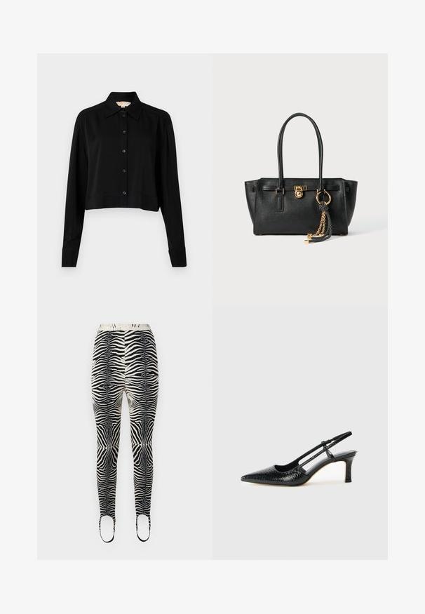 Čierna skrátená košeľa s dlhými rukávmi, špicatým golierom a zapínaním na gombíky. Vyrobená z hladkej látky s voľným strihom a manžetovými rukávmi.; Legíny so zebrovaným vzorom v čierne a béžovej farebnej schéme, elastický materiál, vysoký pás a otvory pre nohy so strapcami.; Čierne patentové slingback topánky na ihlovom podpätku s špicatou špičkou, s textúrovaným hadím vzorom, nastaviteľným popruhom a krátkym, textúrovaným blokovým podpätkom.; Čierna kožená kabelka s dvojitými uchami, zlatým zámkom a reťazovým detailom, a čierno-bielym strapcom na bielom pozadí.