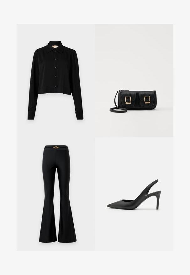 Svart forkortet skjorte med lange ermer, spiss krage og knappelukking foran. Laget av glatt stoff med en avslappet passform og oppbrettede ermer.; Sorte flagrende bukser med en glat tekstur, der har en tætsiddende talje og en gylden cirkulær accent foran. Lavet af strækbart materiale.; Sorte skinnslingback hæler med spiss tå-design, som har et utsnitt foran og en tynn stilettohæl.; Svart skinn crossbody veske med to frontlommer, gyldne spenner, glidelåslukking og en slank stropp. Teksturert overflate og kompakt rektangulær form.