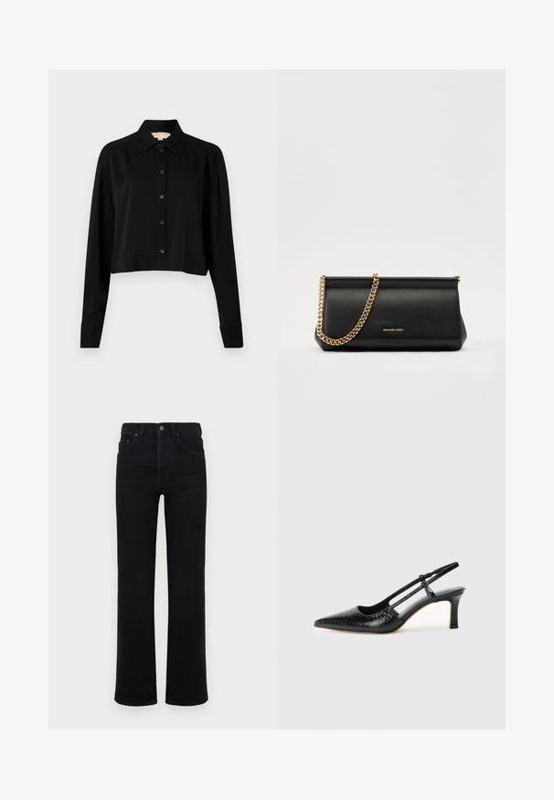 Črni kratki top z dolgimi rokavi, s končnim ovratnikom in gumbi spredaj. Narejen iz gladkega materiala z sproščenim krojem in manšeti na rokavih.; Črne jeans hlače z visokim pasom, ravnim krojem nogavic, petimi žepi in sprednjim gumbom. Gladka tekstura, minimalno oblikovanje.; Črne lakaste slingback pete s koničastim nosom, ki imajo teksturiran vzorec kačje kože, nastavljiv trak in kratek teksturiran blok peto.; Črna usnjena torbica z zlatim verižnim trakom, z gladko teksturo, pravokotno obliko in embosiranim logotipom spredaj.