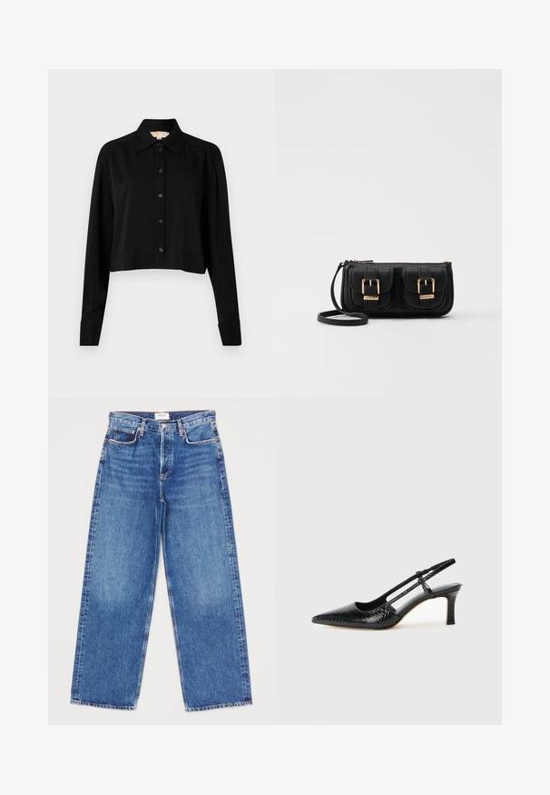 Chemise noire courte à manches longues, col pointu et fermeture par boutons. Fabriquée en tissu lisse avec une coupe décontractée et des manches à poignets.; Jean large en denim de lavage bleu moyen avec cinq poches, jambes droites et détails de surpiqûre. Étiquette de marque visible à la taille.; Escarpin slingback en vernis noir avec un bout pointu, présentant un imprimé serpent texturé, une sangle réglable et un petit talon bloc texturé.; Sac en cuir noir porté en travers avec deux poches avant, boucles dorées, fermeture zippée et une sangle fine. Surface texturée et forme rectangulaire compacte.
