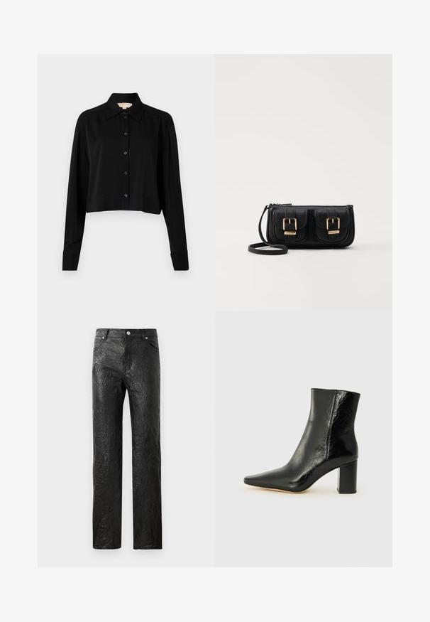 Black cropped shirt with long sleeves, a pointed collar, and button front. Made from smooth fabric with a relaxed fit and cuffed sleeves.; Black, crinkled pants made of synthetic material, featuring a straight leg design and five-pocket styling with silver hardware accents.; Black ankle boot made of glossy leather with a pointed toe and a chunky, square heel. Features a smooth texture and minimalistic design.; Black leather crossbody bag with two front pockets, gold buckles, zipper closure, and a slim strap. Textured surface and compact rectangular shape.