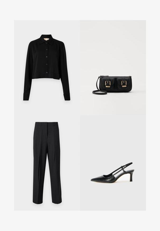 Must must shirt, mille pikkade varrukatega, terava kraega ja nööpidega esiosas. Valmistatud siledast kangast, millel on mugav lõige ja mansetiga varrukad.; Tumedatehallikud püksid sirge säärega, millel on kaks eesmist voldikut, vöörihmade aasad ja sile kangatekstuur.; Mustmust paelad, millel on terav varvas, tekstuuriga maduprindiga, reguleeritav rihm ja lühike tekstuuriga plokknina.; Must küllastamata nahast õlakott, millel on kaks esist nähtavat taskut, kuldsed pandlad, tõmblukuga sulgemine ja peen rihm. Tekstuuriga pind ja kompaktne ristkülikukujuline kuju.