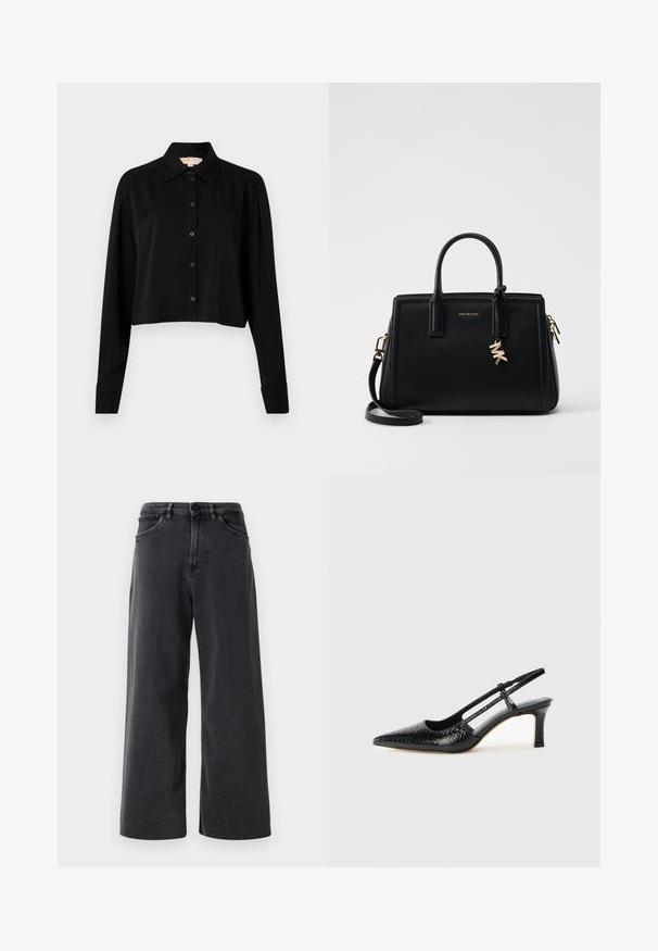 Melnas īsās piedurknes krekls ar garām piedurknēm, smailu apkakli un pogu aizdari. Izgatavots no gludas auduma ar brīvu piegriezumu un piedurkņu apakšām.; Melnas platajās kājās džinsu bikses ar priekšējo pogu un rāvējslēdzēju, jostas cilpām un priekšējiem kabatām uz neitrāla balta fona.; Melna patent āda ar slīdošo papēdi un smailo purngalu, ar teksturētu čūsku drukājumu, regulējamu siksniņu un īsu teksturētu blokpapēdi.; Melnas ādas rokas soma ar strukturētu dizainu, dubultiem augšējiem rokturiem, noņemamu plecu siksnu, zelta aparatūru un logo piekariņu akcentu.