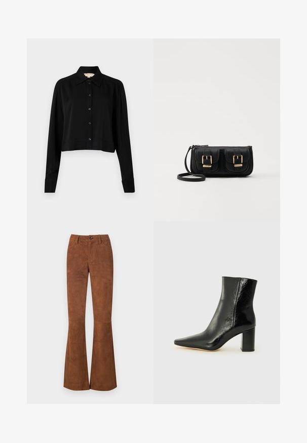 Sort cropped skjorte med lange ærmer, spidse krave og knaplukning foran. Fremstillet af glat stof med en afslappet pasform og manchetærmer.; Brune flared bukser lavet af et materiale der minder om ruskind, med en lukning foran med knap, bælteløkker og to frontlommer. Glat tekstur over hele. ; Sorte ankelstøvler lavet af blank læder med spidse tæer og en kraftig, kvadratisk hæl. Har en glat overflade og minimalistisk design.; Sort læder crossbody taske med to frontlommer, guldspænder, lynlåslukning og en slank rem. Struktureret overflade og kompakt rektangulær form.