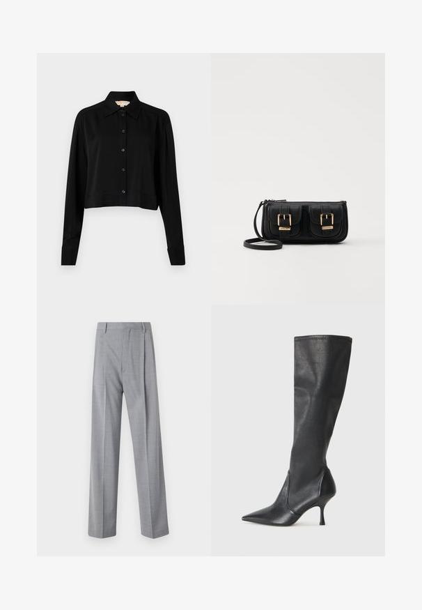 Camicia nera cropped con maniche lunghe, colletto a punta e chiusura con bottoni. Realizzata in tessuto morbido, con vestibilità rilassata e maniche a polsino.; Pantaloni grigi leggeri con una vestibilità su misura, caratterizzati da una texture liscia, un motivo sottile e due pieghe frontali per un tocco di dettaglio.; Stivali neri in pelle al ginocchio con punta affusolata e tacco a stiletto sottile. Texture liscia con design aderente e cuciture lungo il bordo superiore.; Borsa a tracolla nera in pelle con due tasche frontali, fibbie dorate, chiusura con zip e una tracolla sottile. Superficie texturizzata e forma rettangolare compatta.