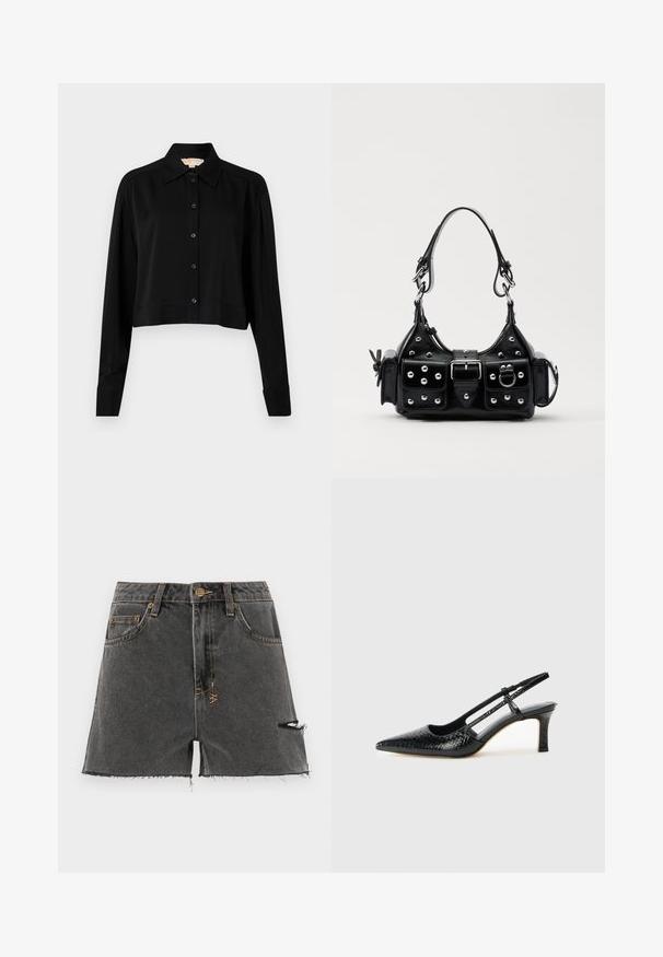 Melnas īsās piedurknes krekls ar garām piedurknēm, smailu apkakli un pogu aizdari. Izgatavots no gludas auduma ar brīvu piegriezumu un piedurkņu apakšām.; Tums džinsu šorti tumši pelēkā krāsā ar saplēstu malu, nolietotiem sīkumiem un kontrastējošiem dzelteniem diegiem. Iekļauj tradicionālos kabatas un priekšējo pogu.; Melna patent āda ar slīdošo papēdi un smailo purngalu, ar teksturētu čūsku drukājumu, regulējamu siksniņu un īsu teksturētu blokpapēdi.; Melnas ādas rokturmais ar izliekumu, ar sudraba iedurtiem, sprādzi un divām sānu kabatām. Regulējams siksniņas garums dažādām nēsāšanas iespējām.